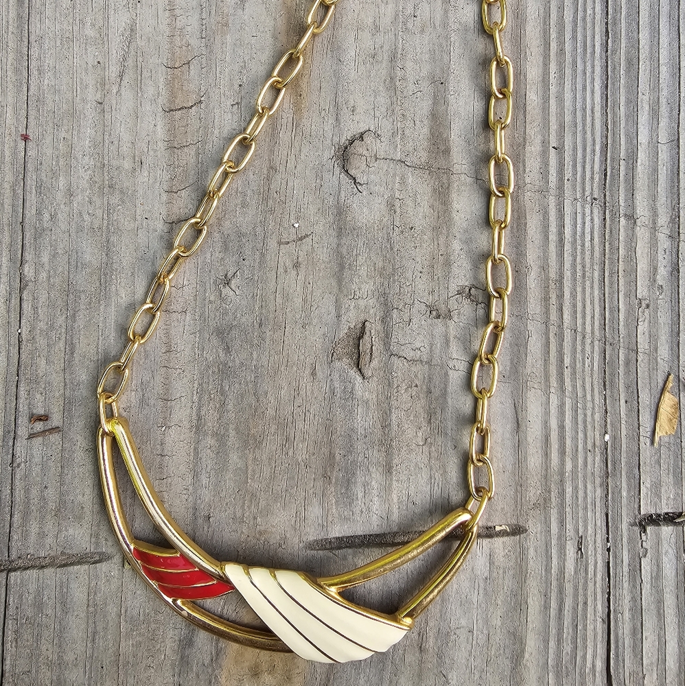 Monet Red and Cream Enamel Gold Tone Bib Style Necklace